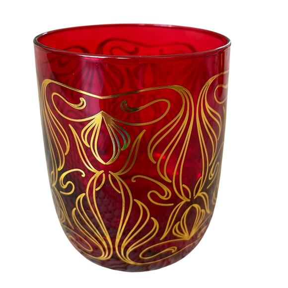 Neiman Marcus Holiday Red Gold Double Old Fashion Glass Tumbler Gift Set of 4 - Picture 8 of 15